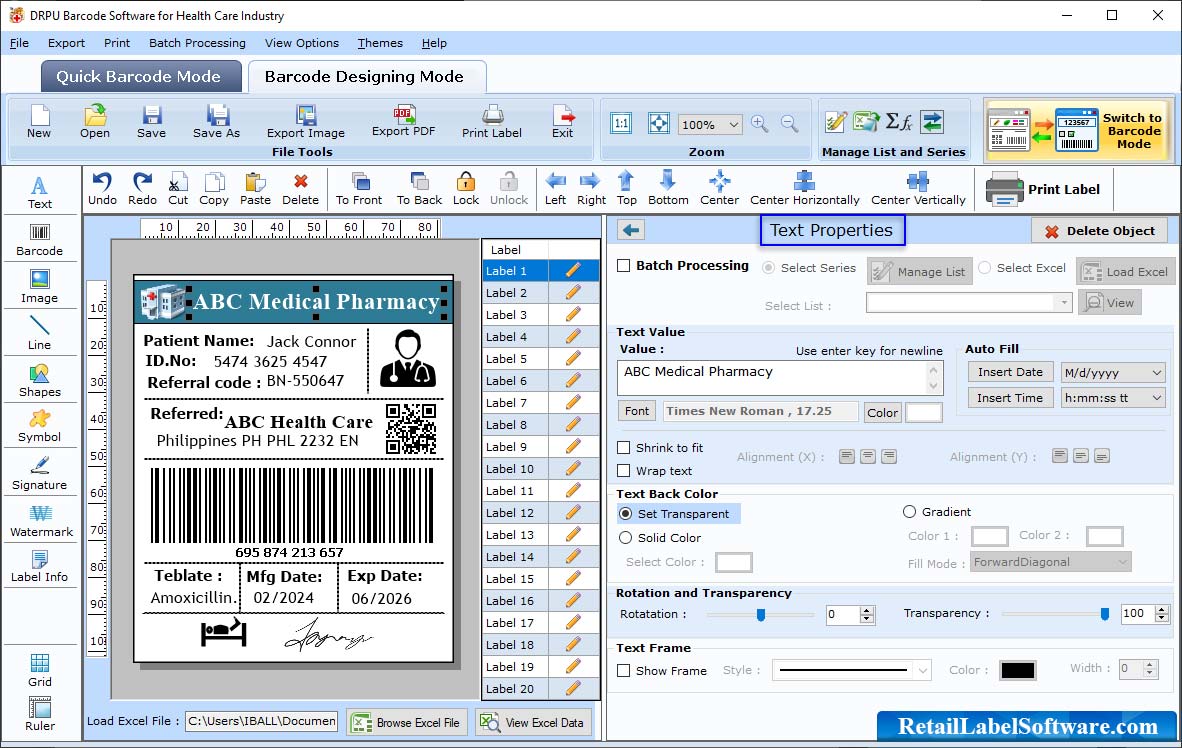 Healthcare Industry Barcode Label Software