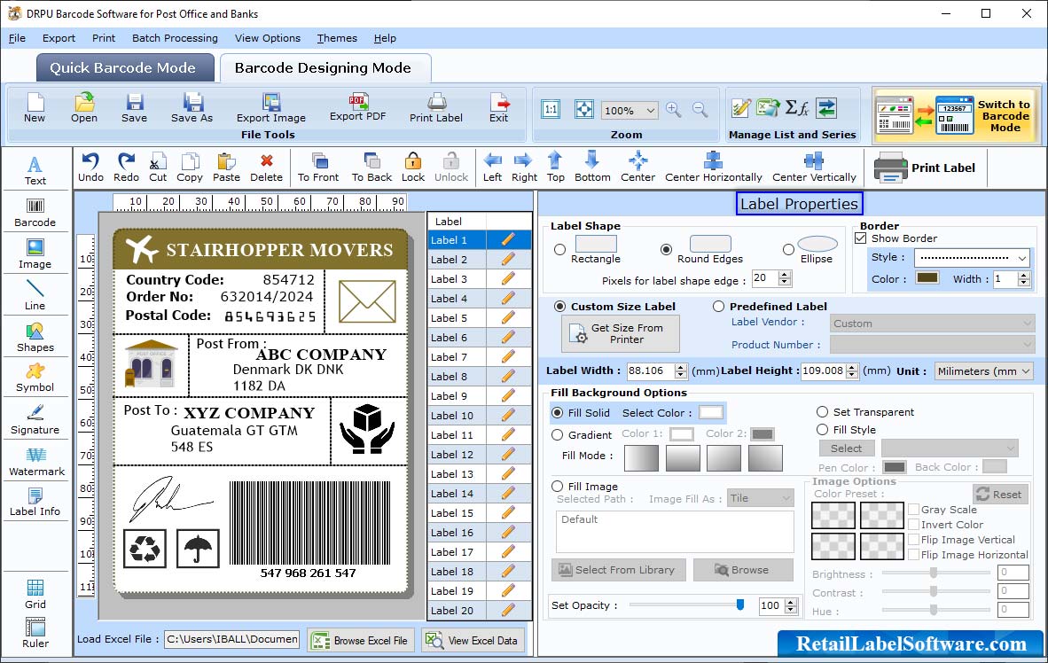 Post Office and Bank Barcode Label Software